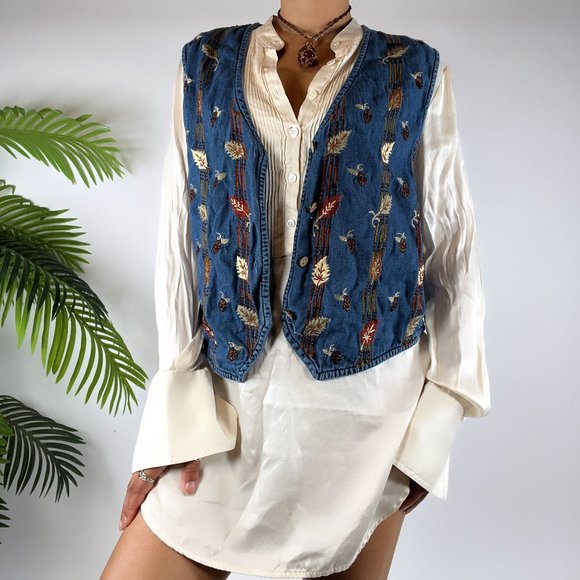Vintage 90s Embroidered Autumn Cottagecore Artsy Grandma Denim Vest / Size: M - Picture 4 of 5